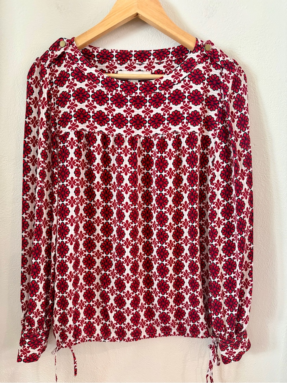 LOFT XS Red Floral Print Peasant Blouse Long Sleeve Boho Top